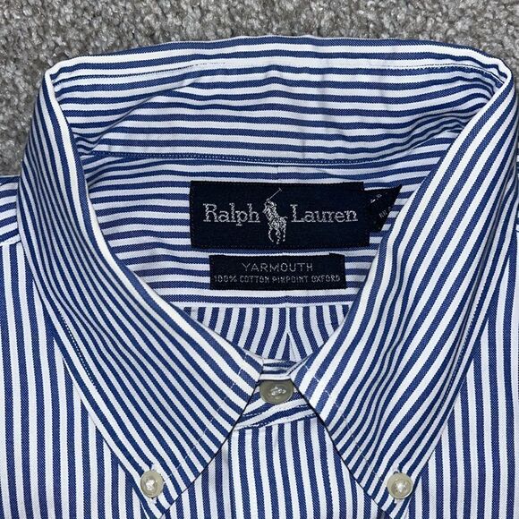 2 beautiful Polo Ralph Lauren Blue stripe w/pony cotton LS shirts 16 1/2” x 33 - Picture 2 of 6